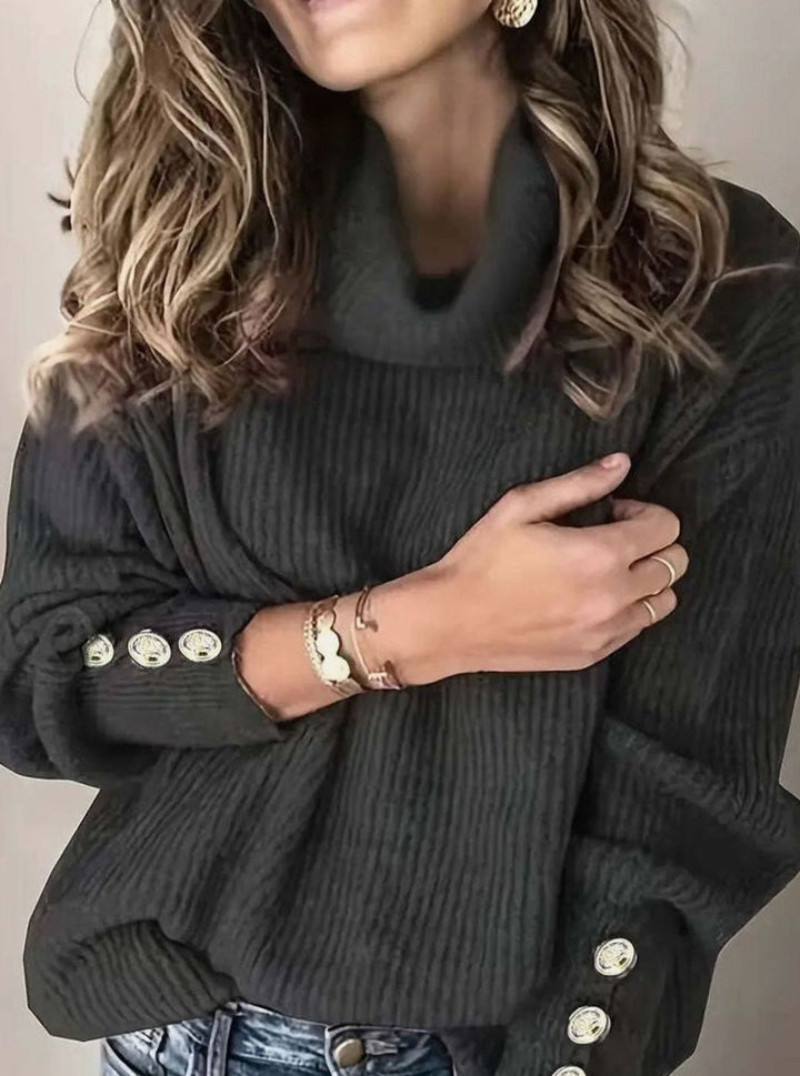 Women's Ribbed Cowl Neck Sweater Button-Cuff Long Sleeve Pullover - Black