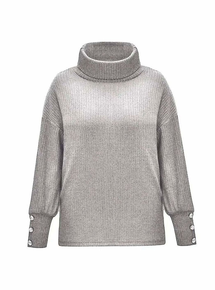 Women's Ribbed Cowl Neck Sweater Button-Cuff Long Sleeve Pullover