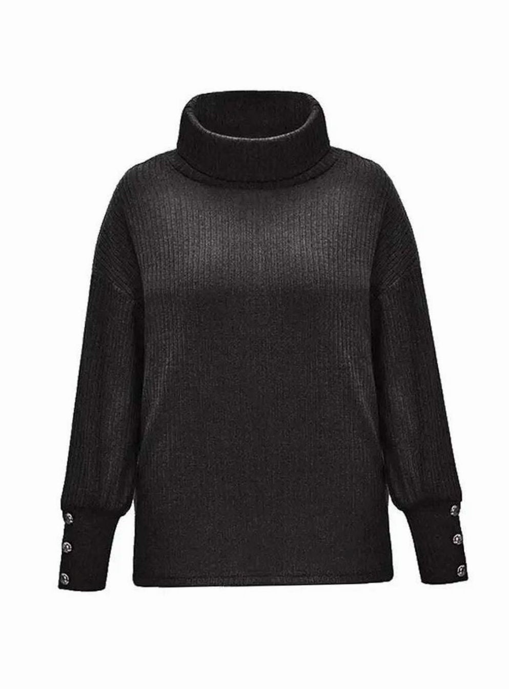 Women's Ribbed Cowl Neck Sweater Button-Cuff Long Sleeve Pullover