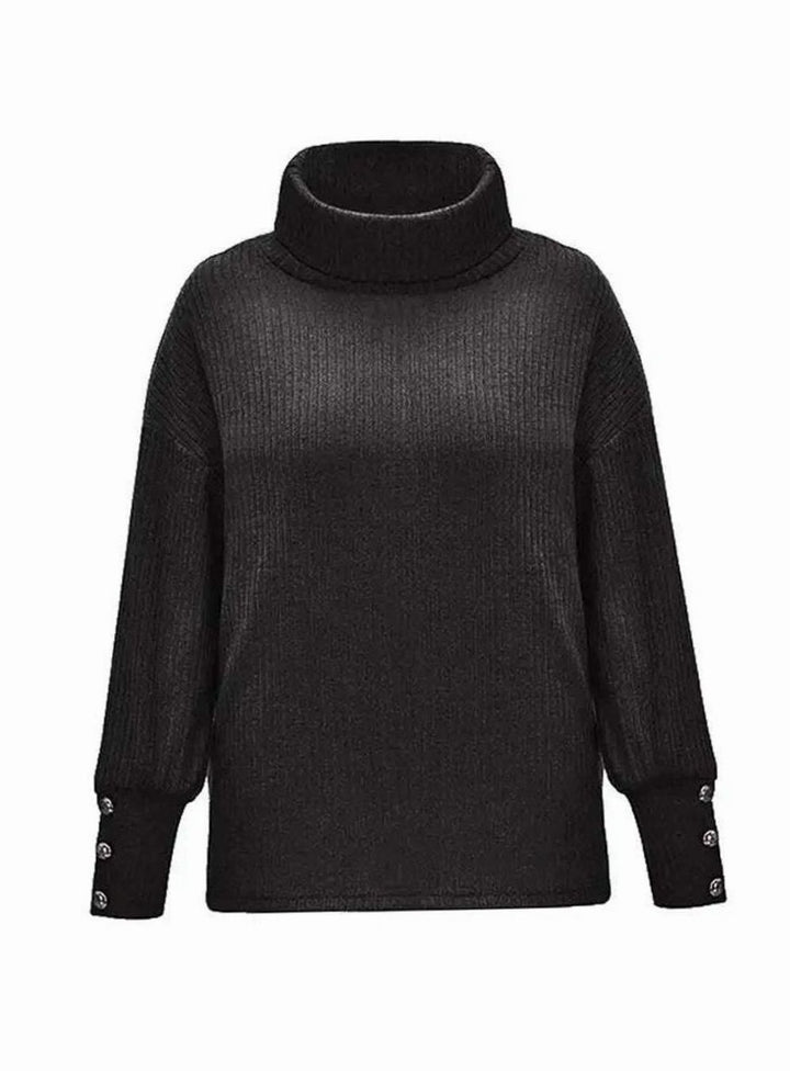 Women's Ribbed Cowl Neck Sweater Button-Cuff Long Sleeve Pullover
