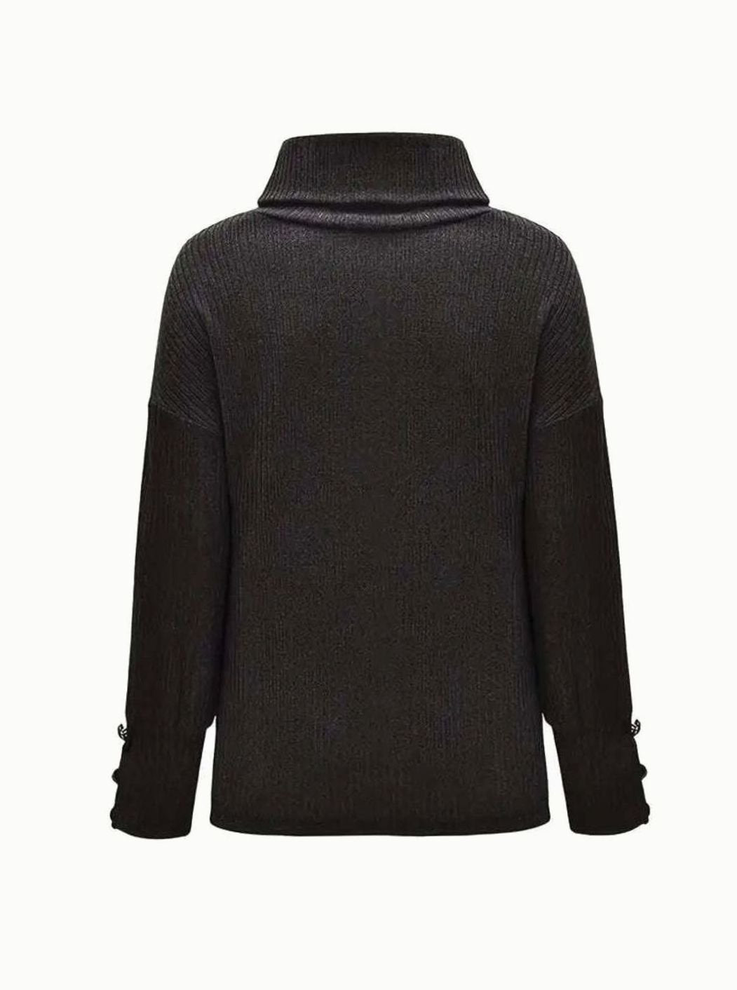 Women's Ribbed Cowl Neck Sweater Button-Cuff Long Sleeve Pullover