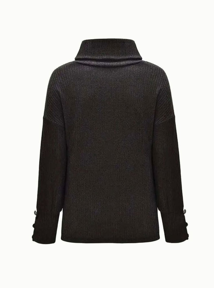Women's Ribbed Cowl Neck Sweater Button-Cuff Long Sleeve Pullover