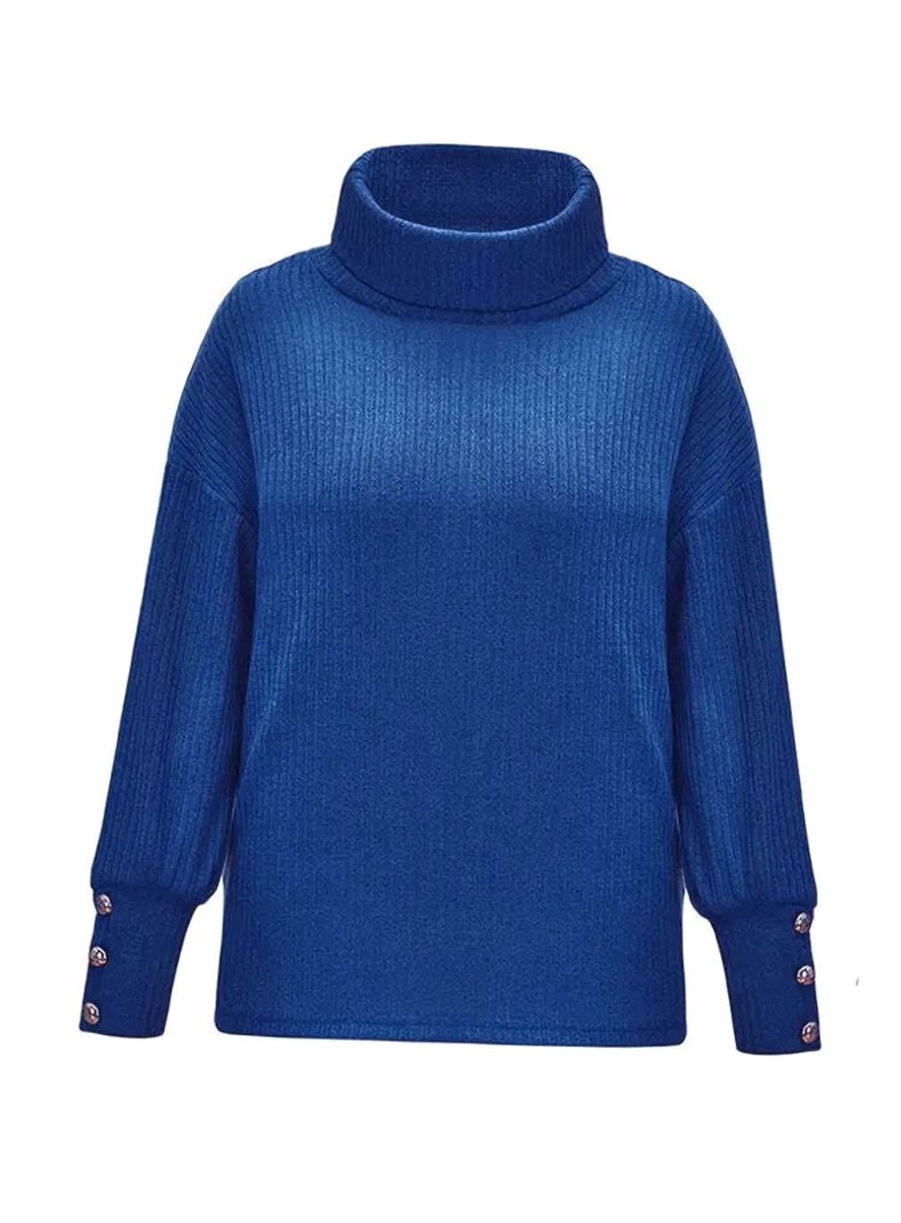 Women's Ribbed Cowl Neck Sweater Button-Cuff Long Sleeve Pullover - Blue
