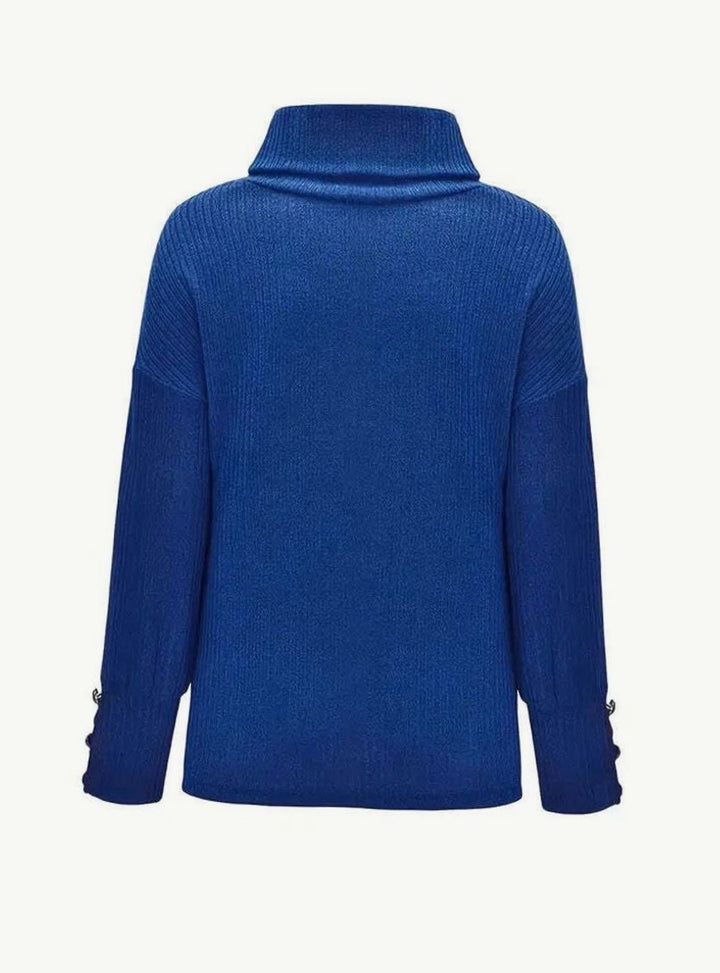 Women's Ribbed Cowl Neck Sweater Button-Cuff Long Sleeve Pullover