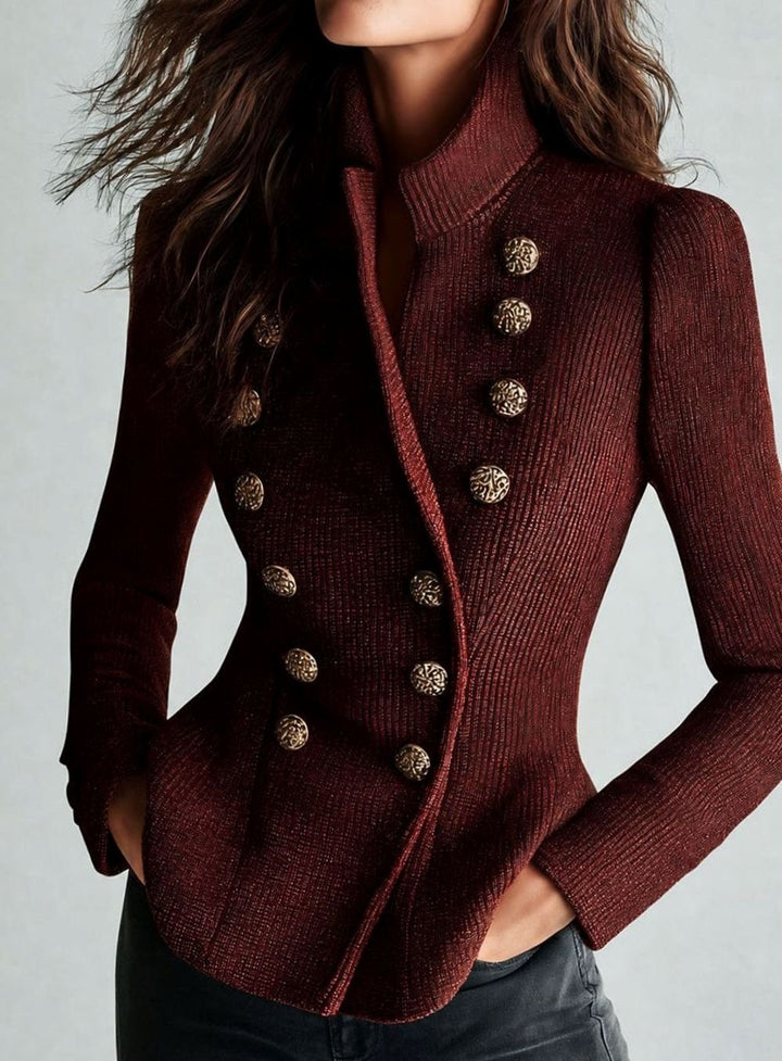 Women's Ribbed Double-Breasted Gold Button Cardigan - Burgundy