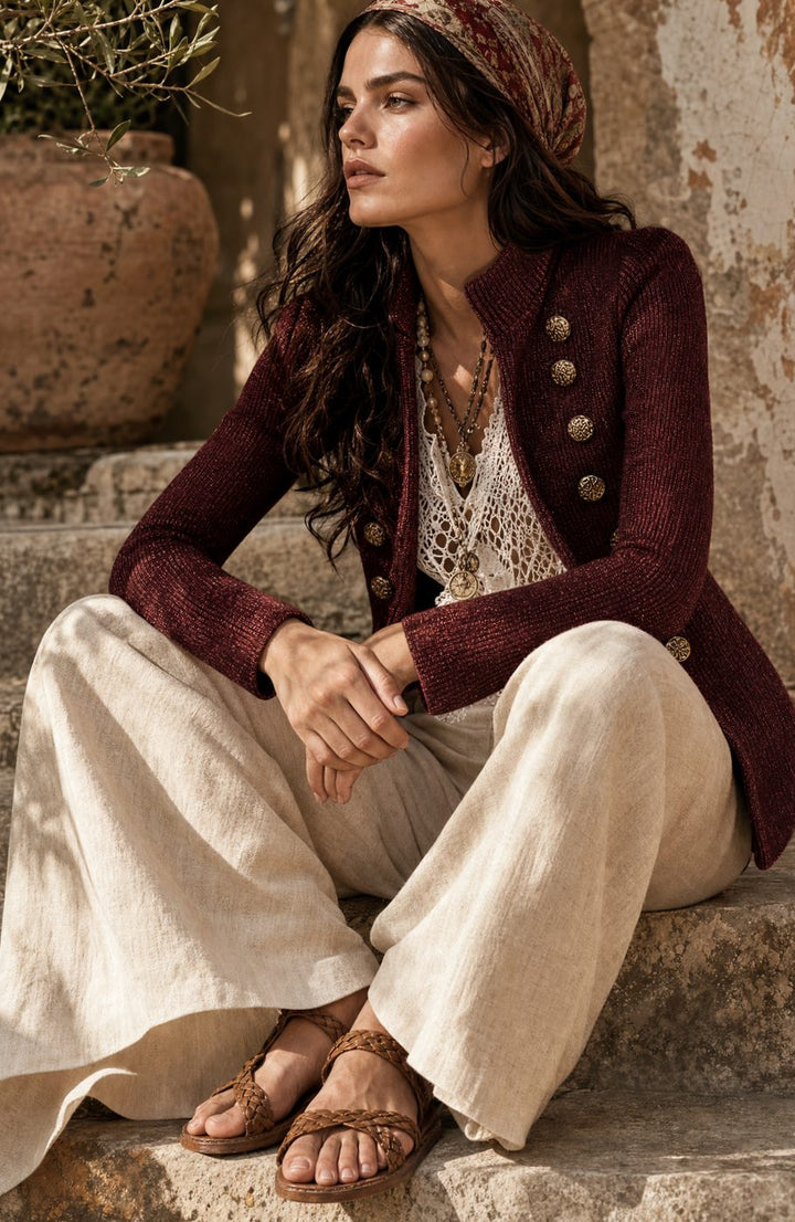 Women's Ribbed Double-Breasted Gold Button Cardigan