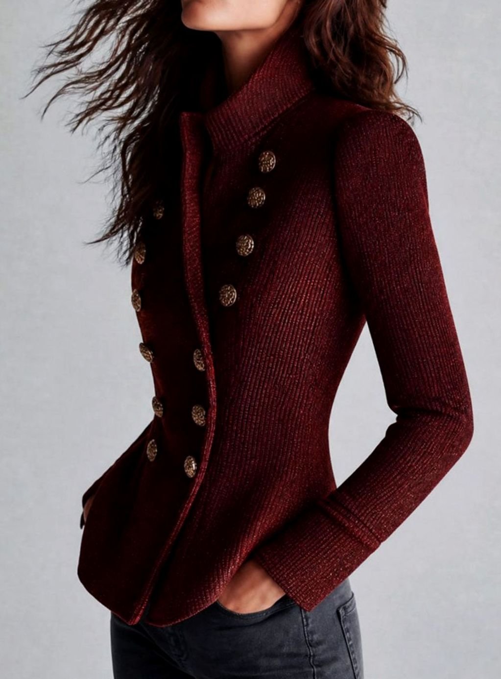 Women's Ribbed Double-Breasted Gold Button Cardigan