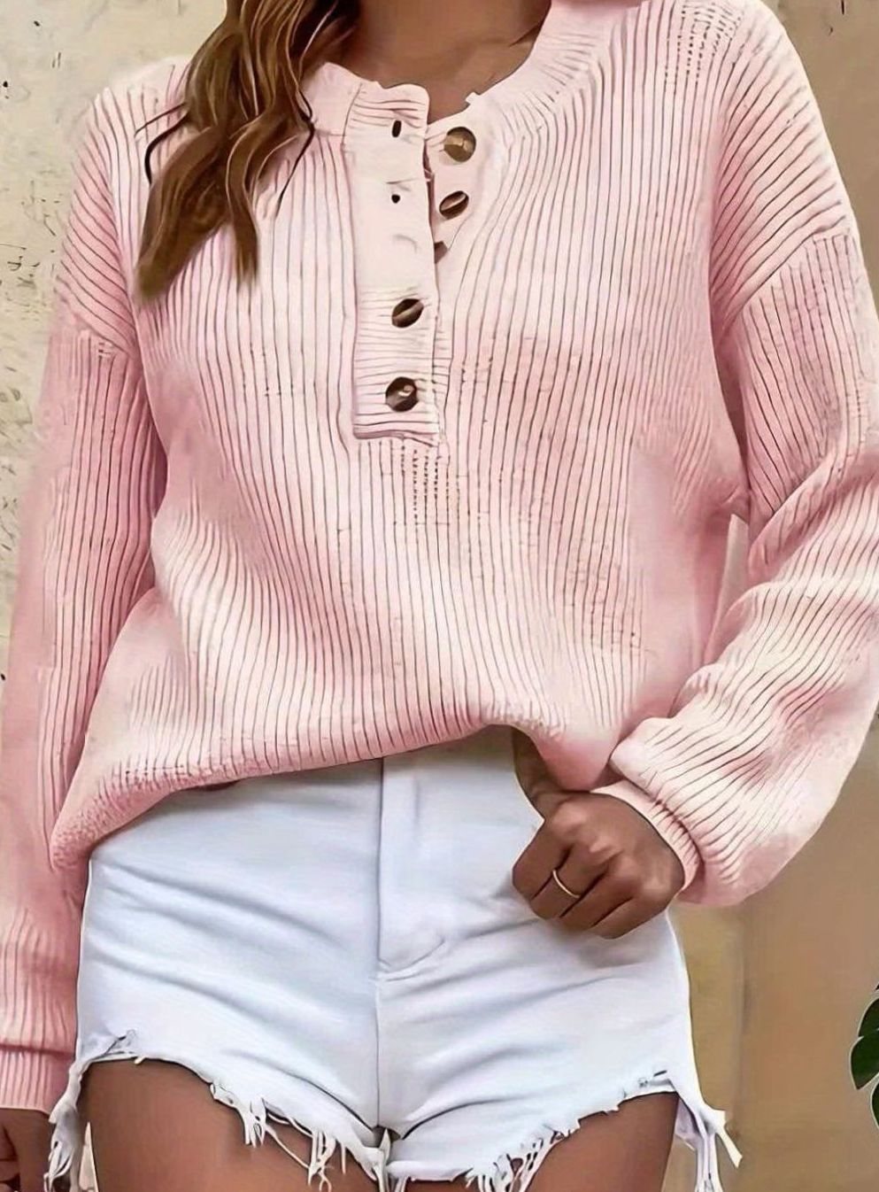 Women's Ribbed Henley Button-Neck Pullover Sweater