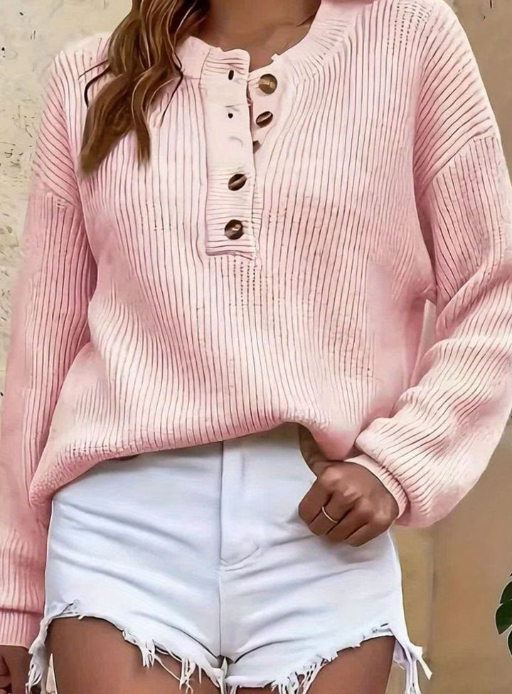 Women's Ribbed Henley Button-Neck Pullover Sweater