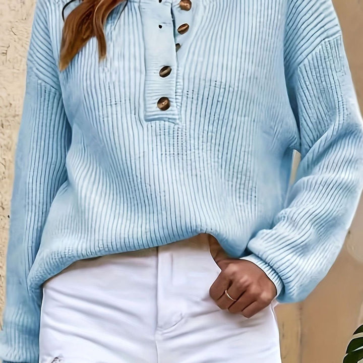 Women's Ribbed Henley Button-Neck Pullover Sweater - Sky Blue