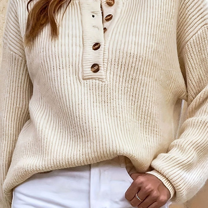 Women's Ribbed Henley Button-Neck Pullover Sweater - Beige