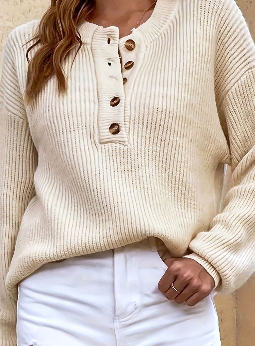 Women's Ribbed Henley Button-Neck Pullover Sweater