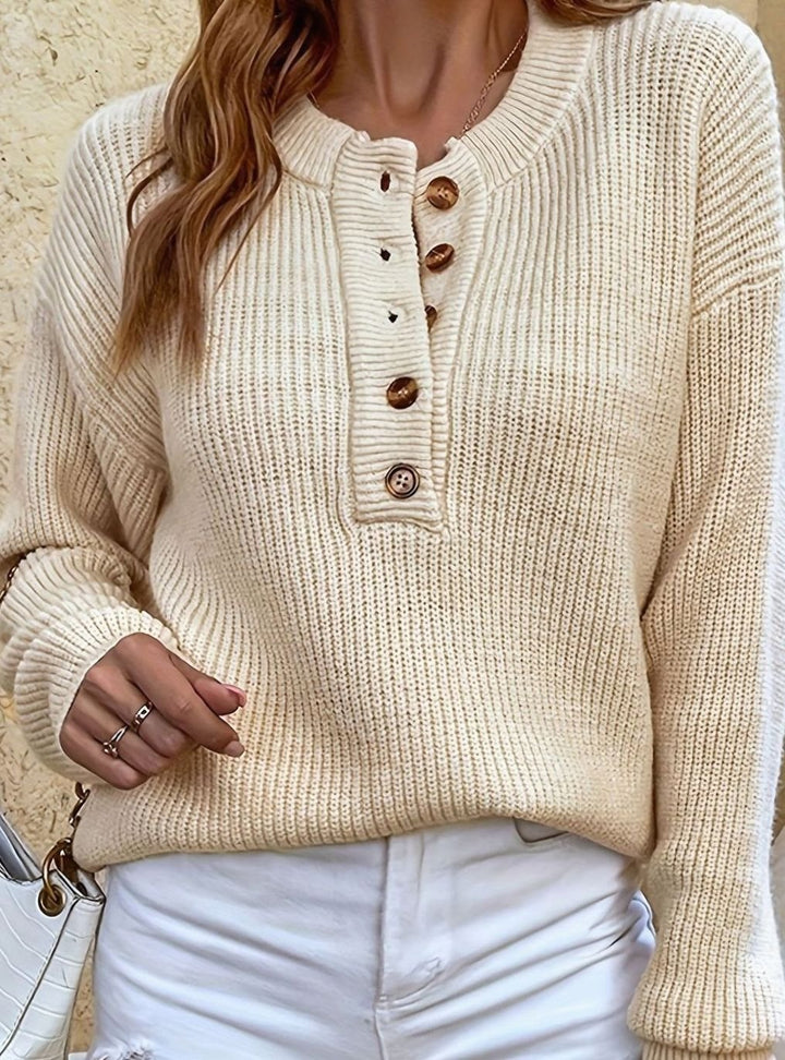 Women's Ribbed Henley Button-Neck Pullover Sweater