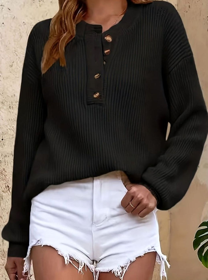 Women's Ribbed Henley Button-Neck Pullover Sweater