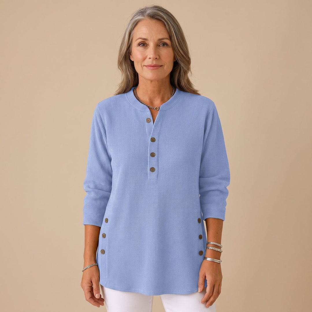 Women's Ribbed Knit Henley Button-Front Long Sleeve Sweater - Blue