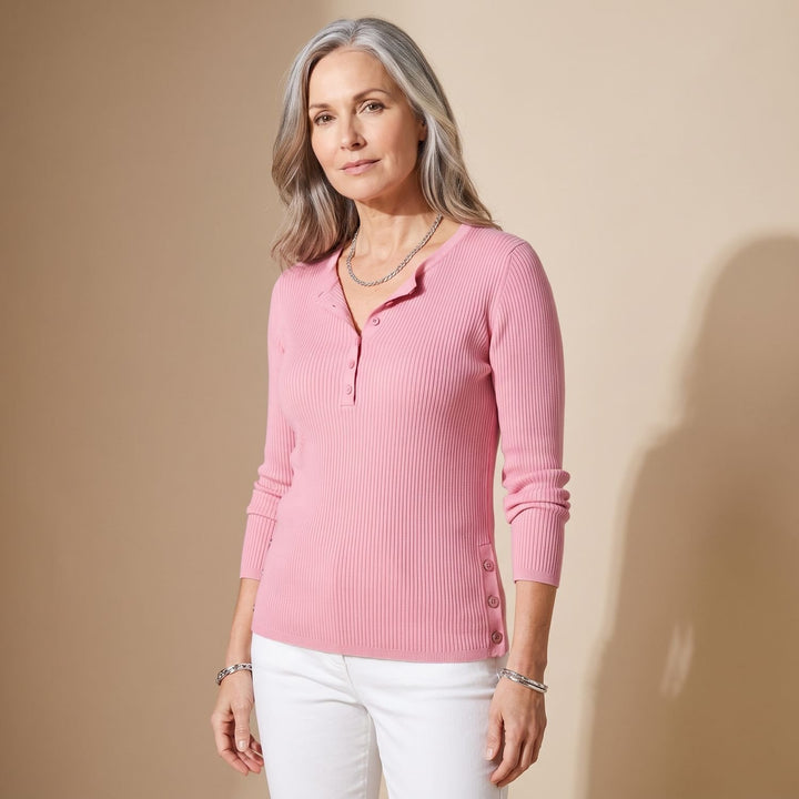 Women's Ribbed Knit Henley Button-Front Long Sleeve Sweater - Pink