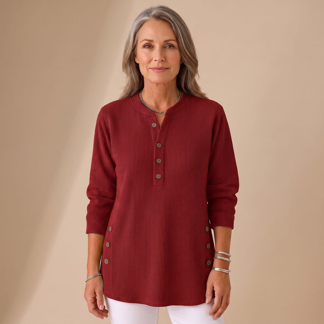 Women's Ribbed Knit Henley Button-Front Long Sleeve Sweater - Red