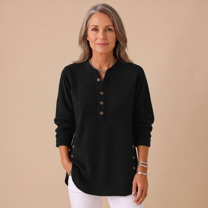 Women's Ribbed Knit Henley Button-Front Long Sleeve Sweater - Black
