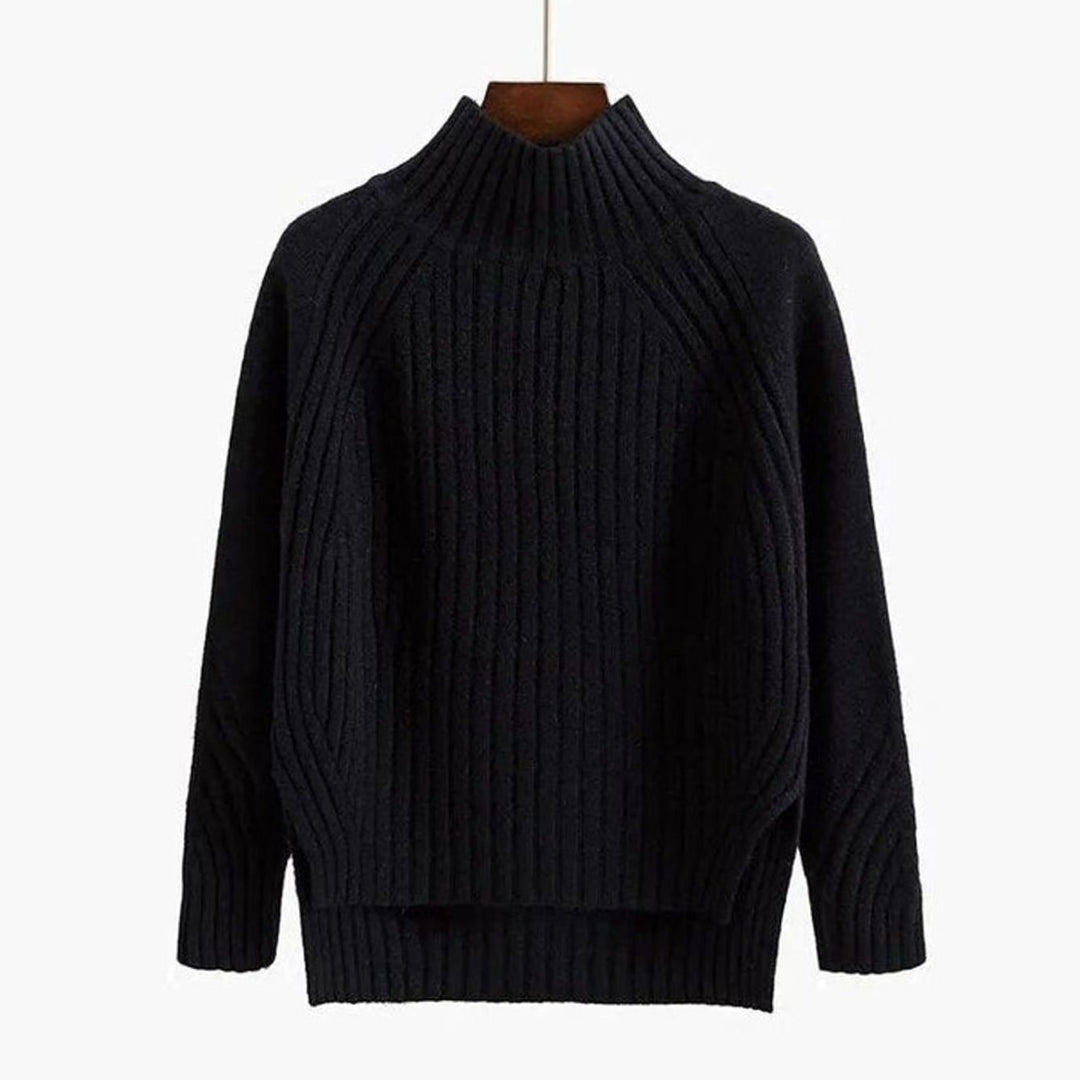 Women's Ribbed Knit Mock-Neck Long Sleeve Sweater Relaxed Fit - Black