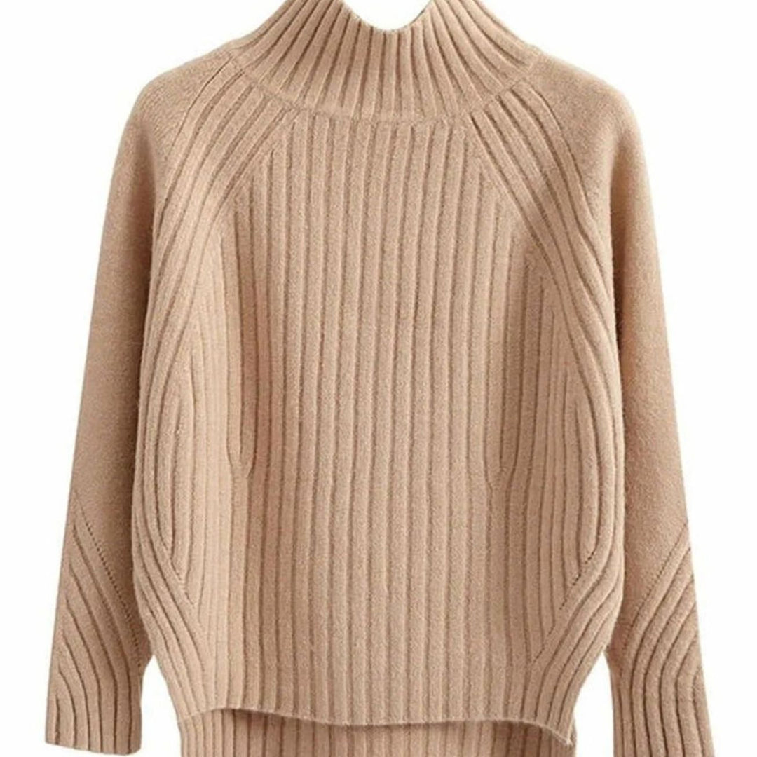 Women's Ribbed Knit Mock-Neck Long Sleeve Sweater Relaxed Fit - Khaki