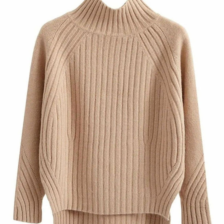Women's Ribbed Knit Mock-Neck Long Sleeve Sweater Relaxed Fit - Khaki