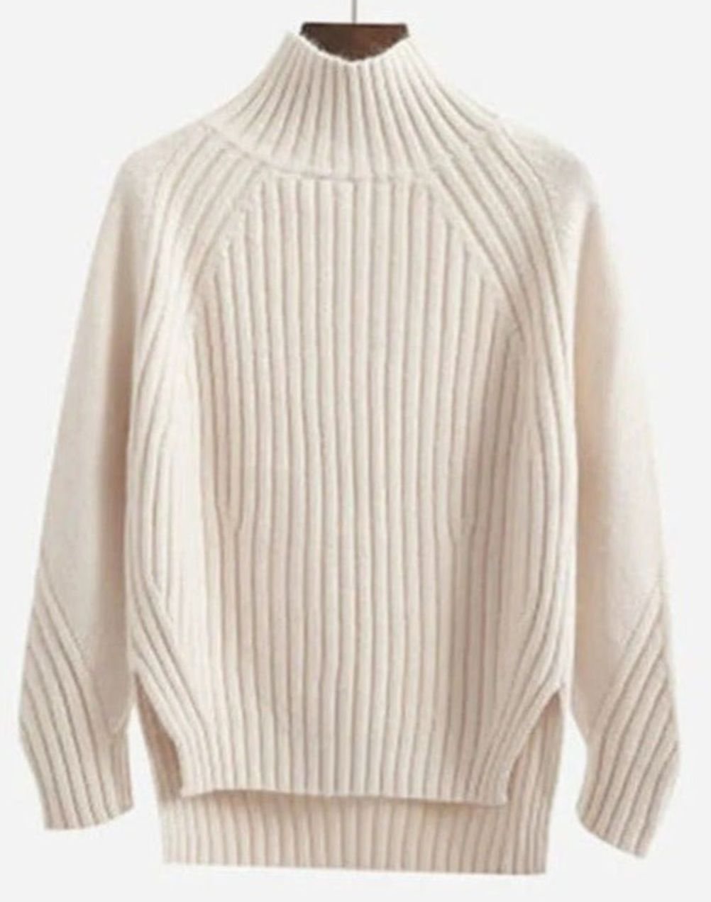 Women's Ribbed Knit Mock-Neck Long Sleeve Sweater Relaxed Fit - Beige