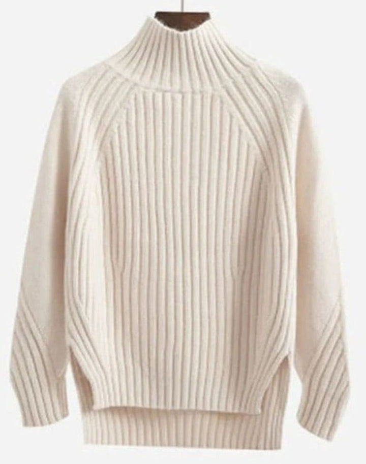 Women's Ribbed Knit Mock-Neck Long Sleeve Sweater Relaxed Fit - Beige
