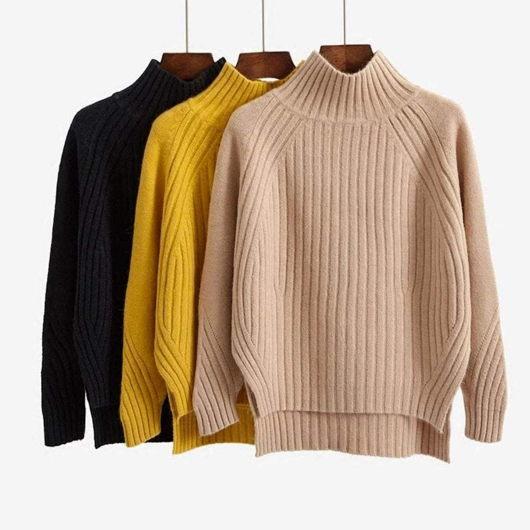 Women's Ribbed Knit Mock-Neck Long Sleeve Sweater Relaxed Fit