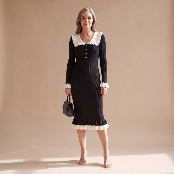 Women's Ribbed Knit Ruffled Collar Long-Sleeve Sweater Dress - Black