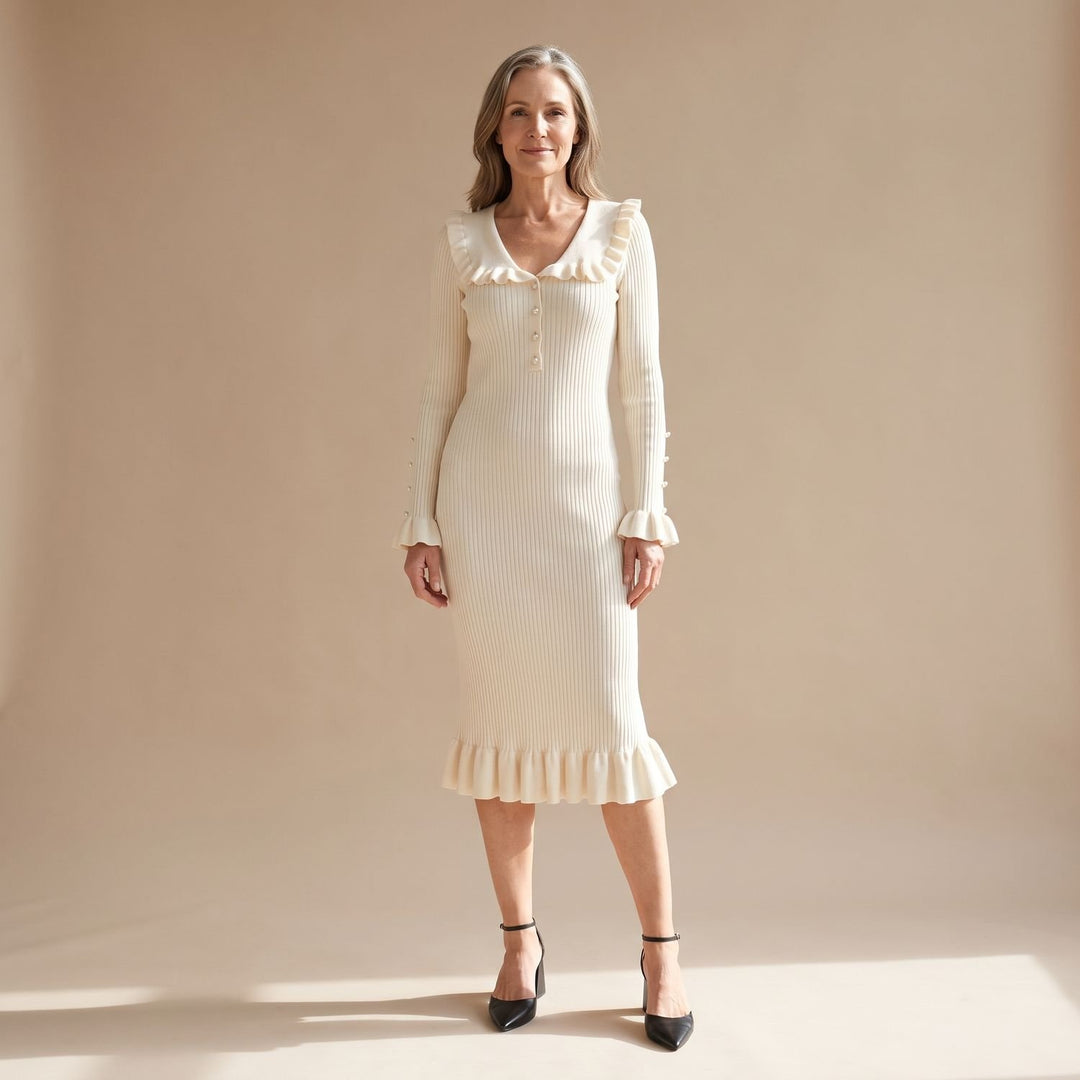Women's Ribbed Knit Ruffled Collar Long-Sleeve Sweater Dress - White