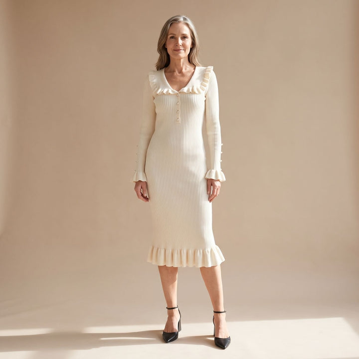 Women's Ribbed Knit Ruffled Collar Long-Sleeve Sweater Dress - White