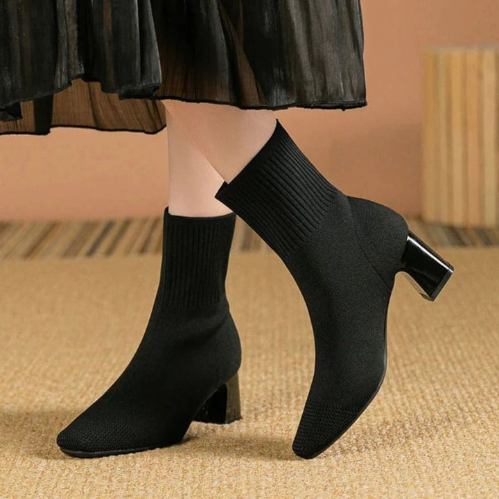 Women's Ribbed Knit Slip-On Block Heel Ankle Boots - Black