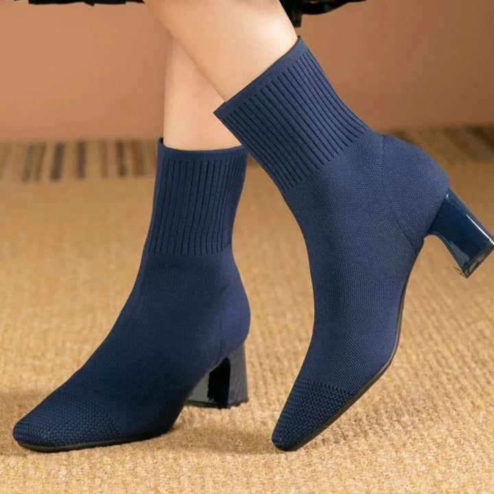 Women's Ribbed Knit Slip-On Block Heel Ankle Boots - Blue