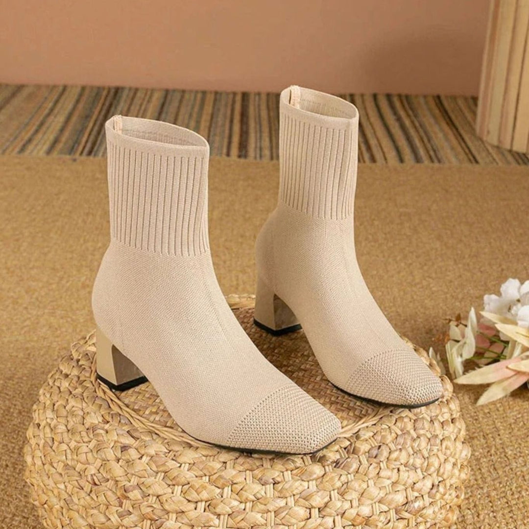 Women's Ribbed Knit Slip-On Block Heel Ankle Boots - Beige