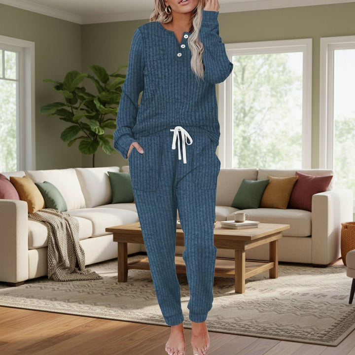 Women's Ribbed Long-Sleeve Henley Drawstring Two-Piece Lounge Set - Navy Blue