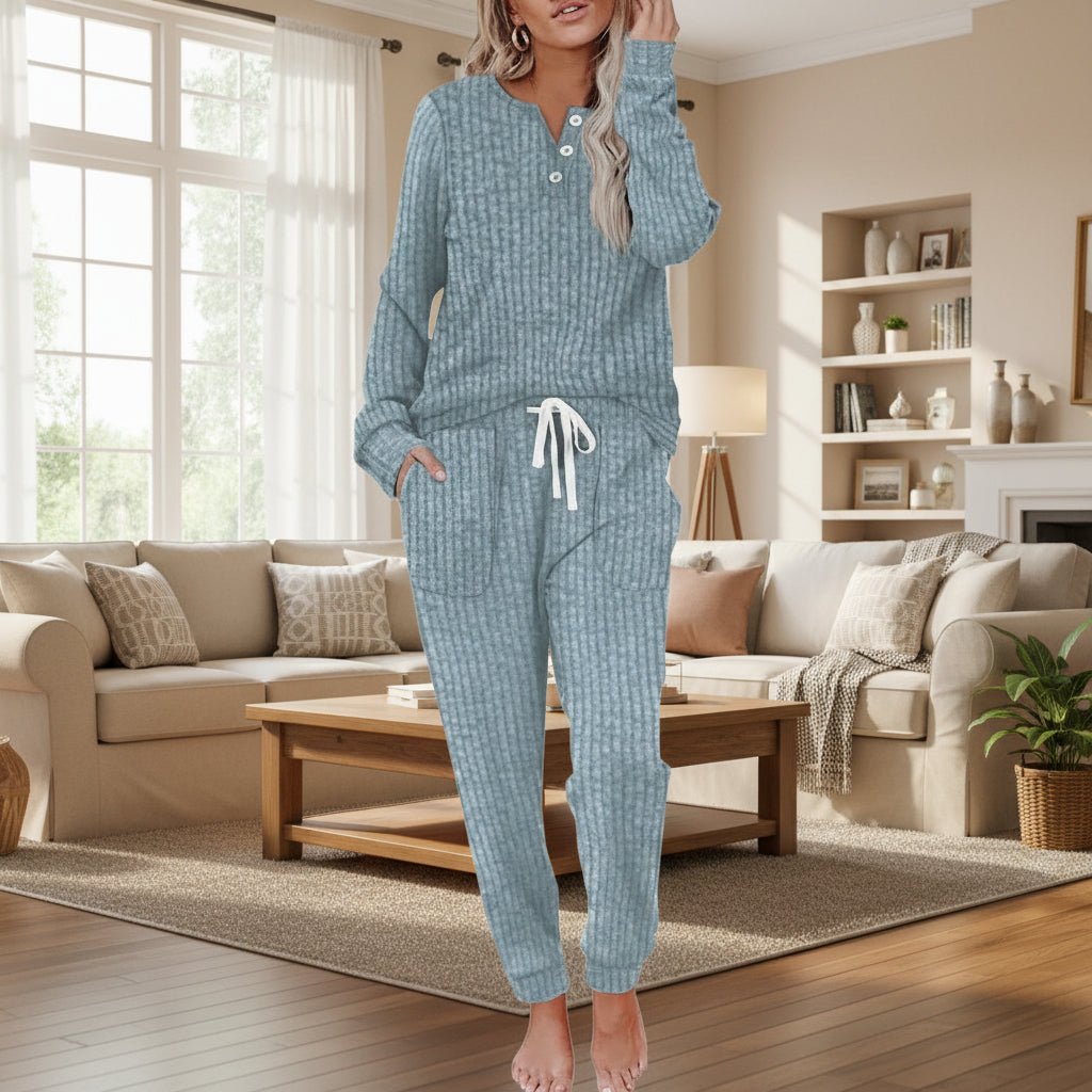 Women's Ribbed Long-Sleeve Henley Drawstring Two-Piece Lounge Set - Sea Blue