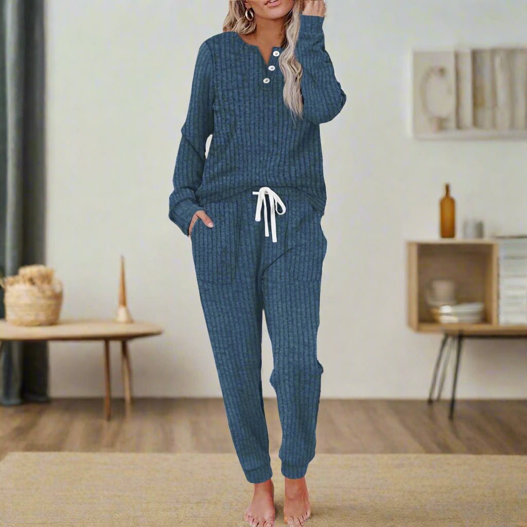 Women's Ribbed Long-Sleeve Henley Drawstring Two-Piece Lounge Set