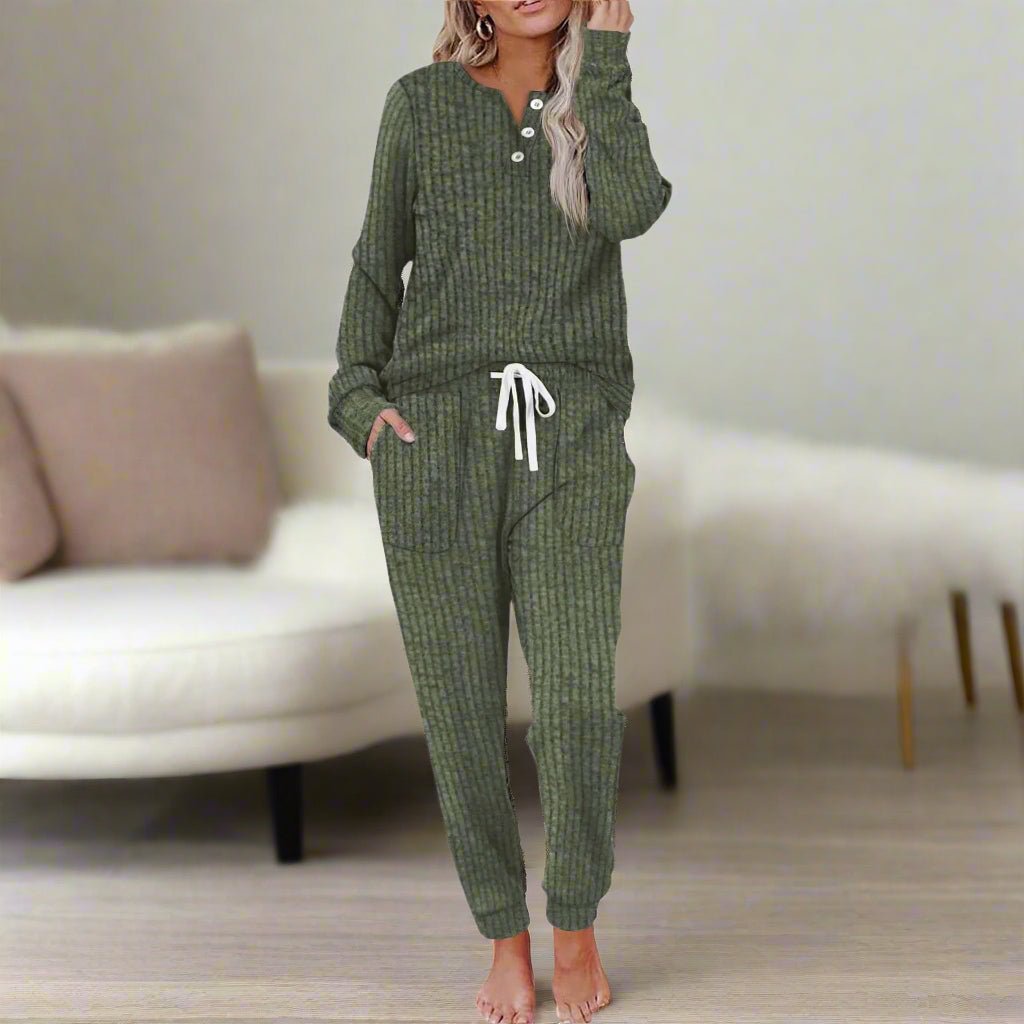 Women's Ribbed Long-Sleeve Henley Drawstring Two-Piece Lounge Set - Leaf Green