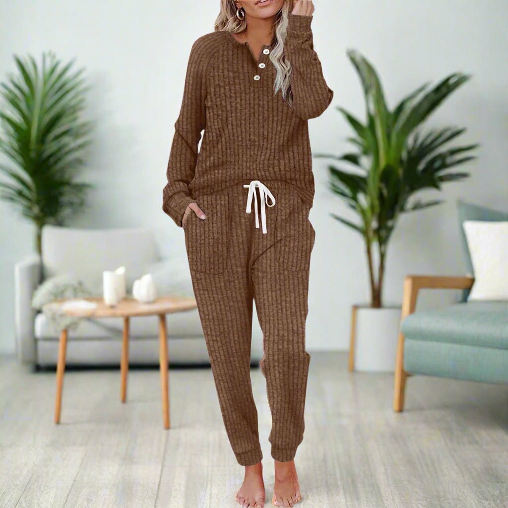 Women's Ribbed Long-Sleeve Henley Drawstring Two-Piece Lounge Set