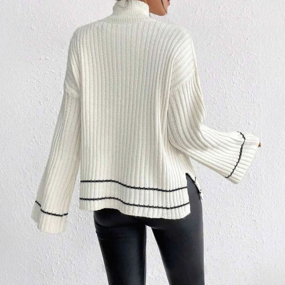 Women's Ribbed Mock-Neck Flare-Sleeve Striped Knit Sweater