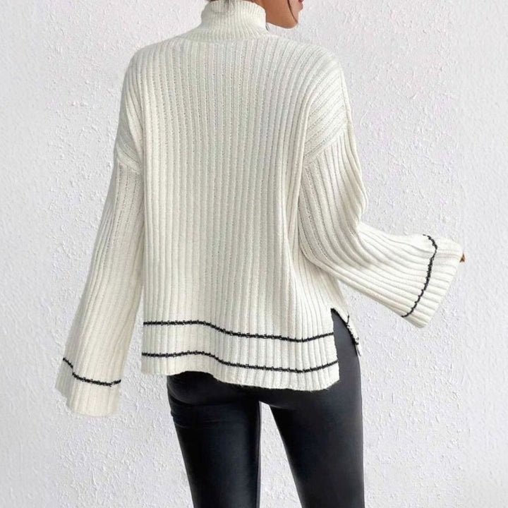 Women's Ribbed Mock-Neck Flare-Sleeve Striped Knit Sweater