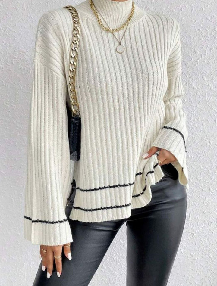 Women's Ribbed Mock-Neck Flare-Sleeve Striped Knit Sweater - White