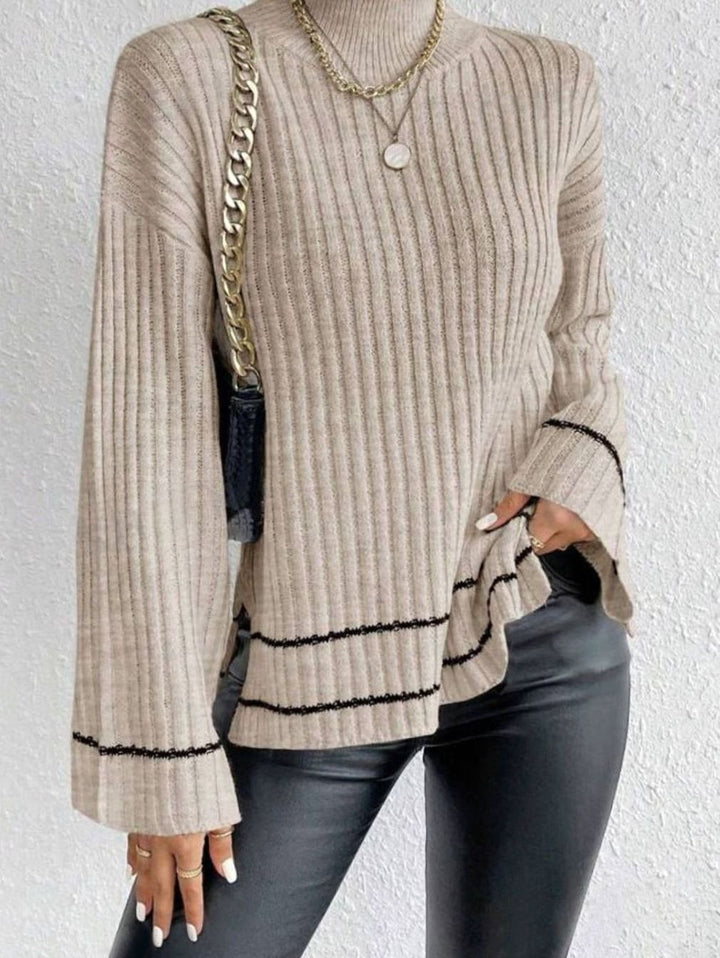 Women's Ribbed Mock-Neck Flare-Sleeve Striped Knit Sweater - Apricot