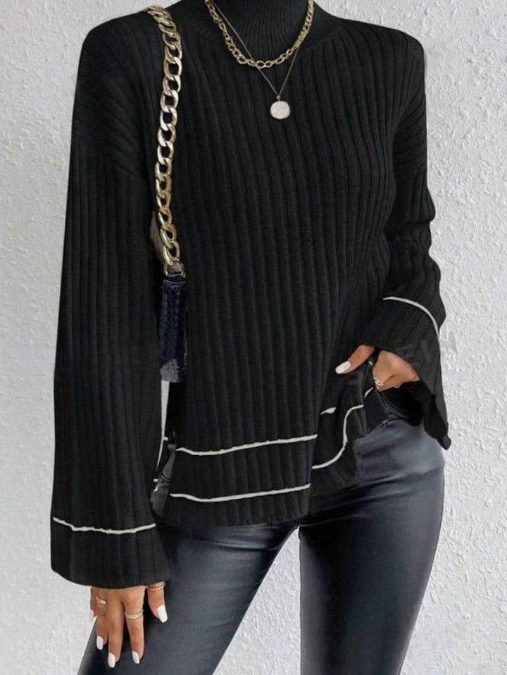 Women's Ribbed Mock-Neck Flare-Sleeve Striped Knit Sweater - Black