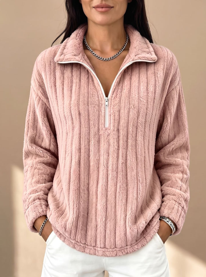 Women's Ribbed Plush Fleece Quarter-Zip Pullover Sweater - Pink