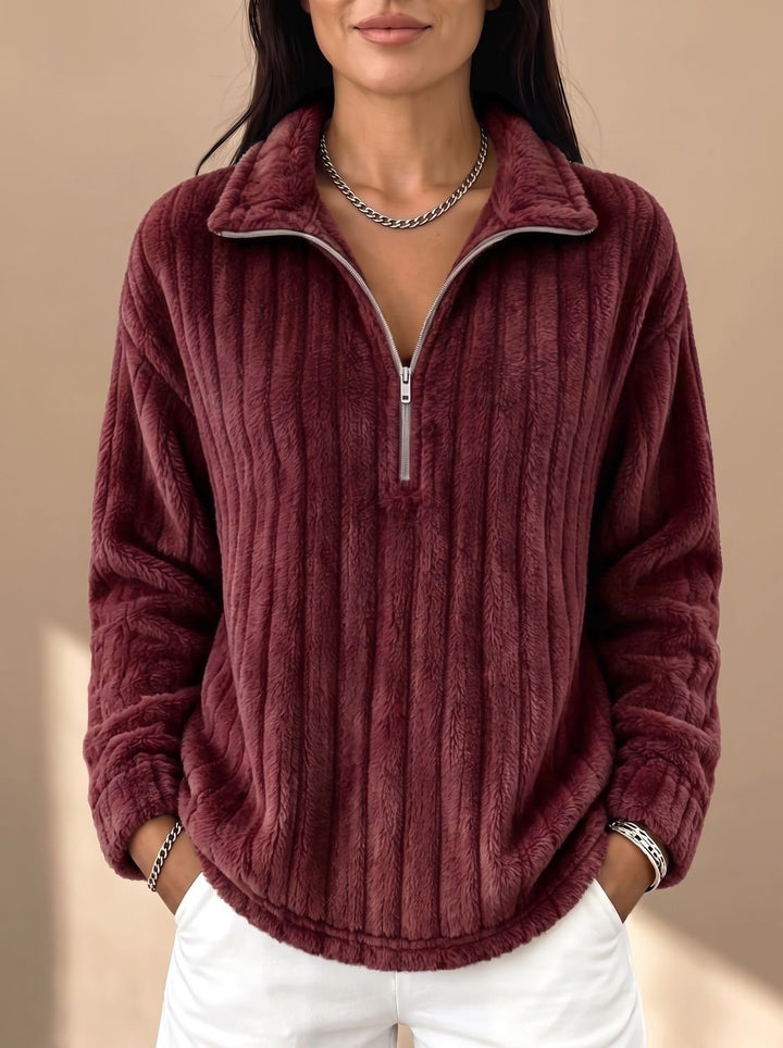 Women's Ribbed Plush Fleece Quarter-Zip Pullover Sweater - Red