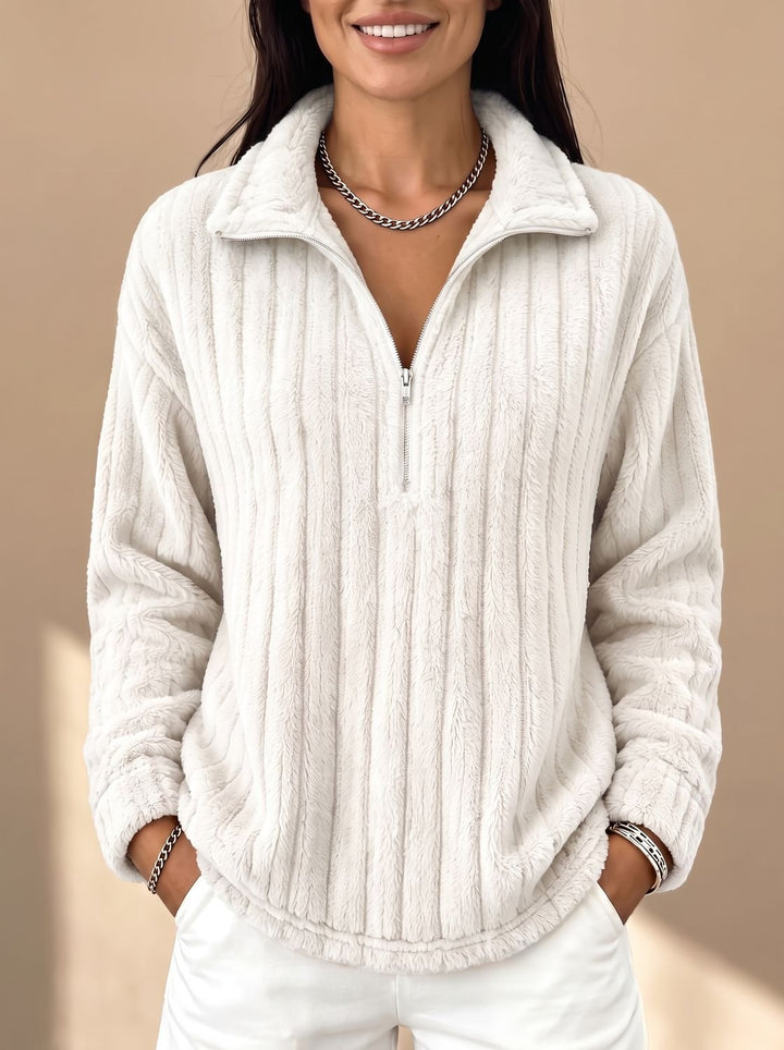 Women's Ribbed Plush Fleece Quarter-Zip Pullover Sweater - White