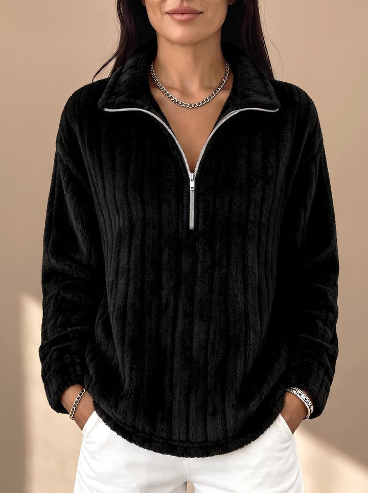 Women's Ribbed Plush Fleece Quarter-Zip Pullover Sweater - Black