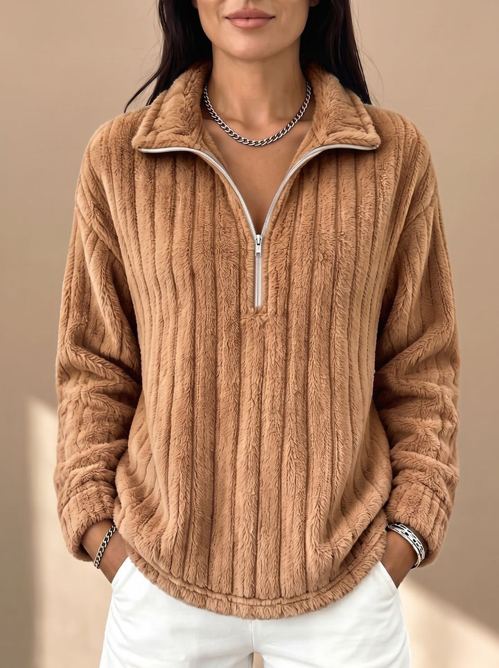 Women's Ribbed Plush Fleece Quarter-Zip Pullover Sweater - Light Brown