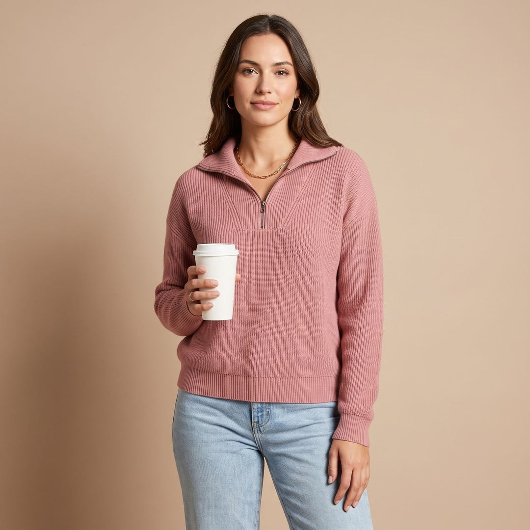 Women's Ribbed Quarter-Zip Long Sleeve Pullover Sweater - Pink